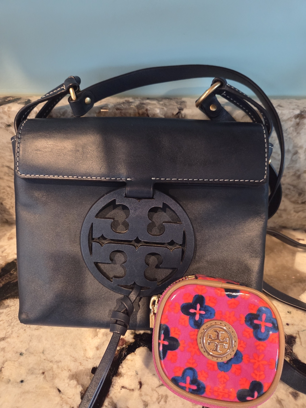 Tory Burch Navy Leather Crossbody Bag with Logo Medallion And Coin Purse